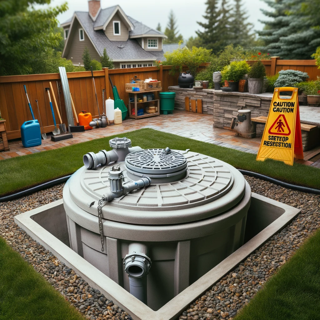 Backyard view of a septic tank with a durable concrete lid, equipped with safety features, alongside maintenance tools and a caution sign about the septic system.