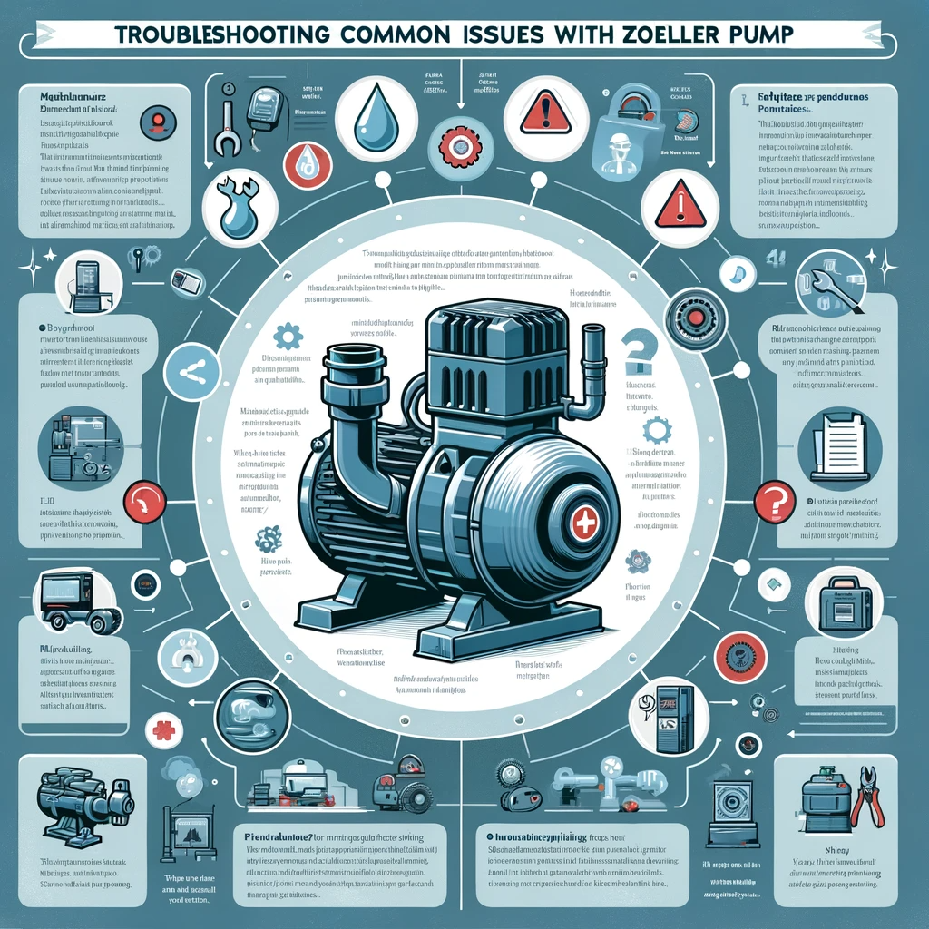 Graphic guide for troubleshooting Zoeller pumps, featuring common problems and solutions with relevant icons like a wrench and water drop, in a blue, grey, and red color scheme.