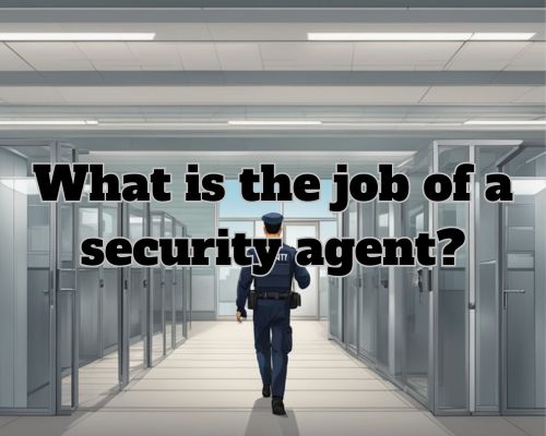 A security agent patrols a secure facility with a watchful gaze, checking doors and monitoring security cameras